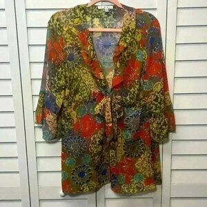 Cabi Shakespeare Floral 3/4 Sleeve Ruffle Kimono Tie Front Size Large